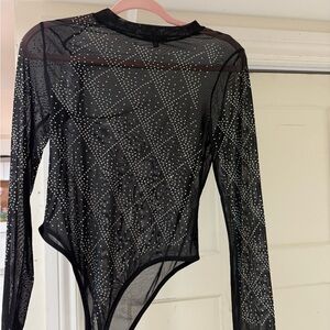Love Black Mesh Bodysuit with Rhinestone Accents